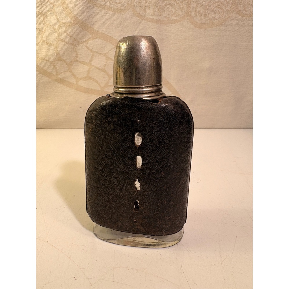 Antique Glass Hip Flask Leather Wrapped Metal Cup Cap Pocket Spirit Bottle 5.5in